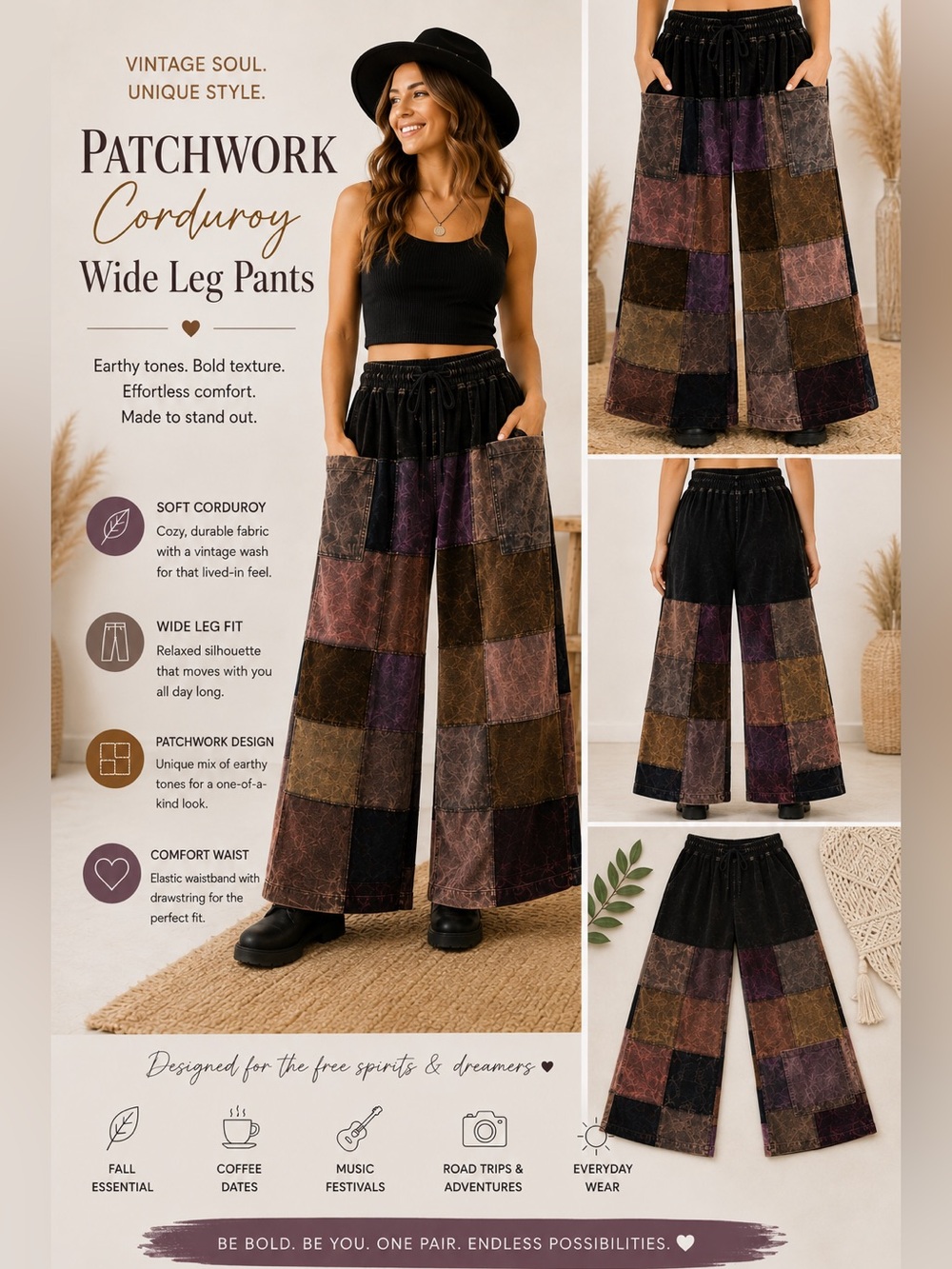 Karma Nepal Crafts Patchwork Corduroy Wide Leg Pants Purple Brown L/XL